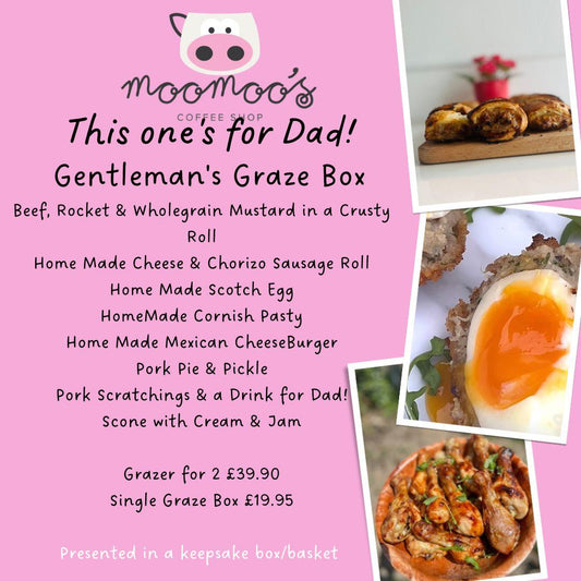 Promotional flyer for a 'Gentleman's Graze Box' with food items and a pink background.